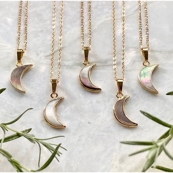 1 LEFT! Mother of Pearl Crescent Moon 22K Gold Necklace - Picture 2 of 11
